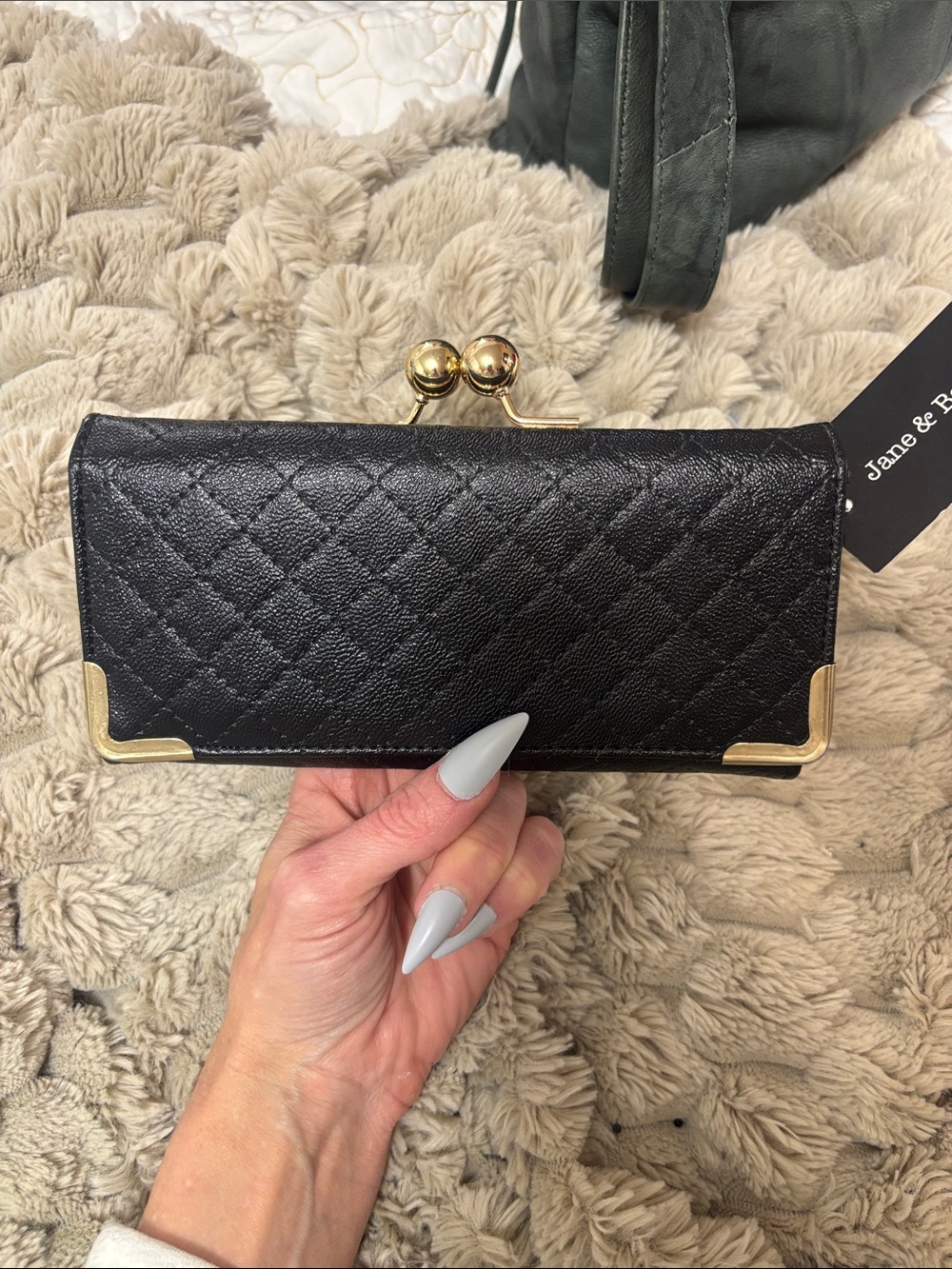 Black Quilted Wallet Clutch with Gold Kiss-Lock